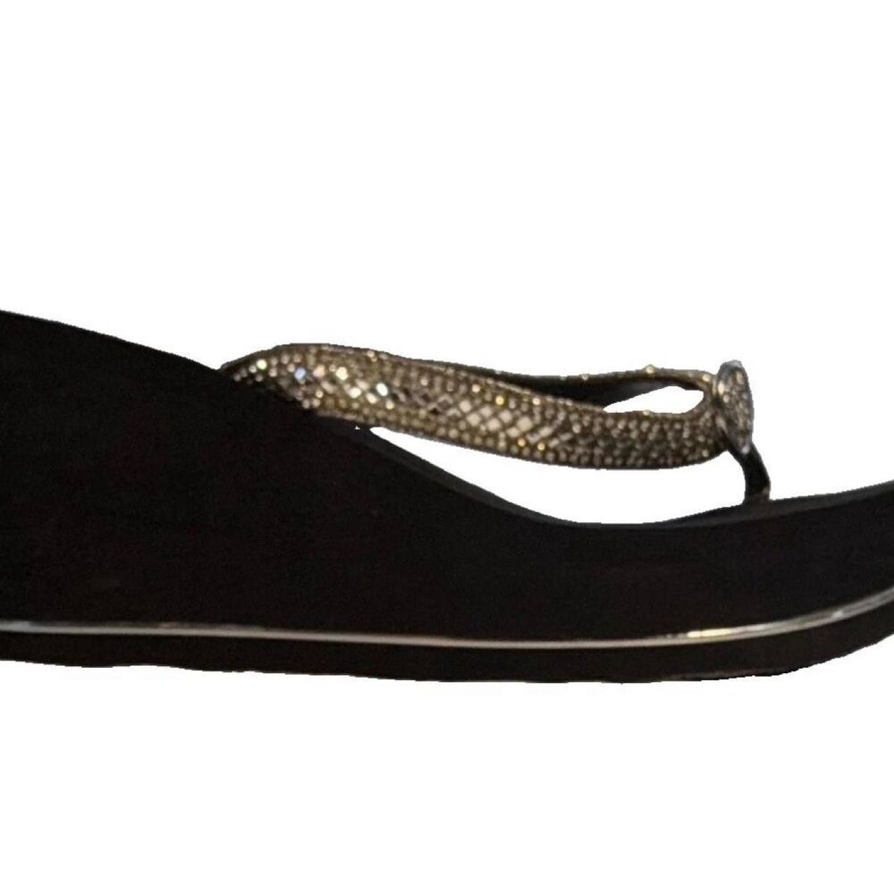 GUESS Sarraly Flip Flops Women Size 6.5 Wedge Rhinestone Black Silver